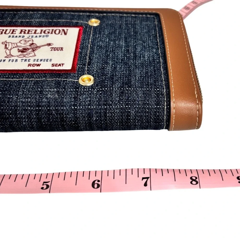 True Religion Denim Zip Around Wristlet Wallet Blue Brown Buddha Logo Patch